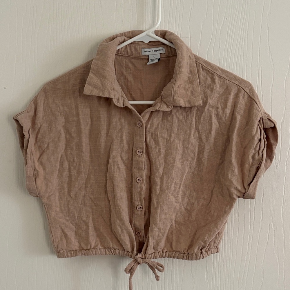 Casual Tan Button-Down Crop Shirt